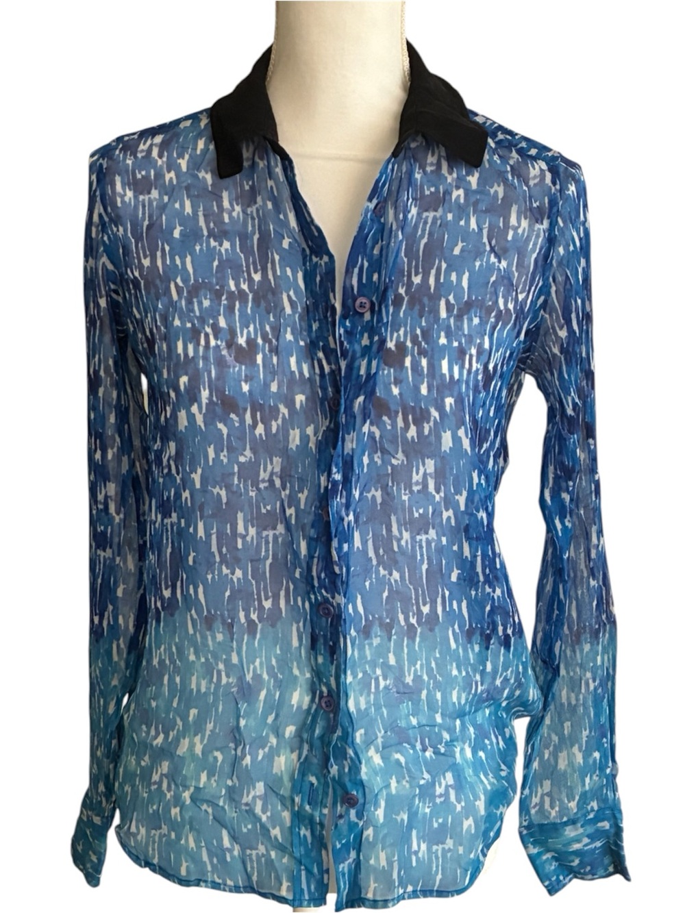 Equipment Silk Ombré Blue Print Button Front Sheer Blouse Black Collar Sz. Small